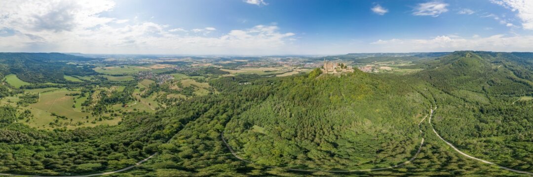 360 Spherical panorama of Hohenzollern hill with castle at summer noon
