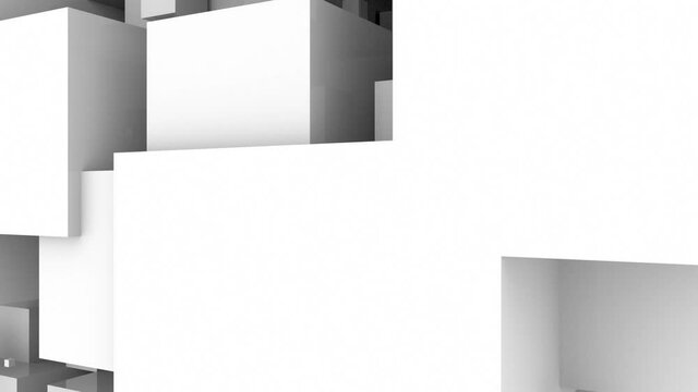 White geometric background. Volumetric cubes and parallelepipeds rotate. Seamless loop.