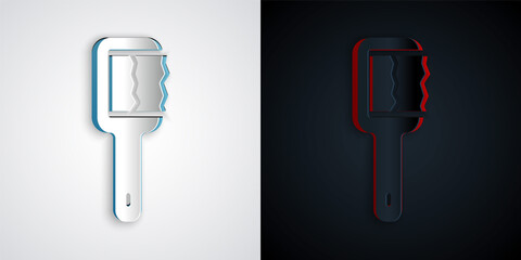 Paper cut Sauna brush icon isolated on grey and black background. Wooden brush with coarse bristles for washing in the bath. Anti cellulite massage. Paper art style. Vector.