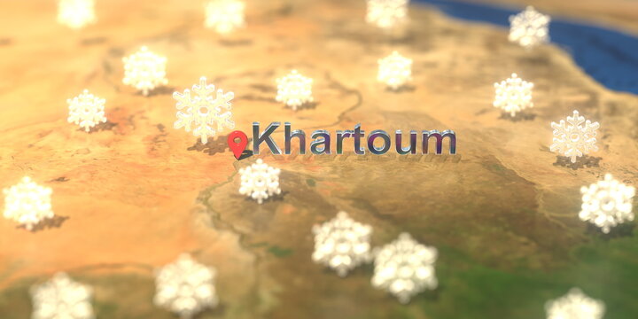 Khartoum city and snowy weather icon on the map, weather forecast related 3D rendering