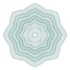 Guilloche rosette, grid, a template for the protection of securities, an ornament in the form of wavy curly lines in the form of a flower