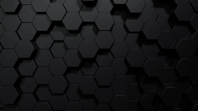 Black hexagon honeycomb shapes matte surface moving up down randomly. Abstract modern design background concept. 4K footage motion graphic video. Seamless looping