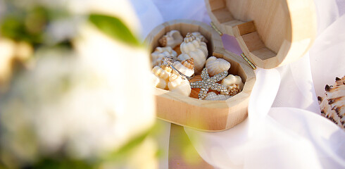 wedding rings and bouquet