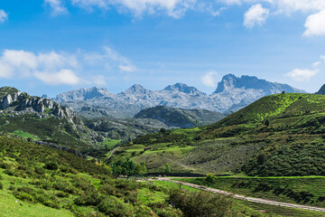 Fototapeta na wymiar View of the highest peaks in the natural park of the Picos de Europa, on the route to the Lakes of Covadonga. Photograph taken in Asturias, Spain.