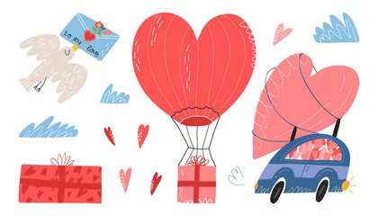 Fototapeten Valentine's Day set. Gift box with a bow, bird with love letter, clouds, car with heart at the top, air-ballon delivery. © Bubble beanie