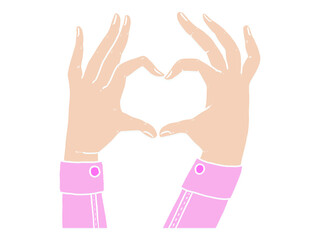 Vector hand drawn illustration for Valentines Day. Hands in heart shape. Sign of love isolated on white background.