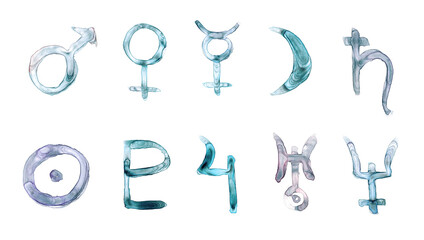 Watercolor hand drawn sketch illustration of ruling planet signs - mercury, venus, mars, jupiter, saturn, neptune, uranus, pluto, moon, sun isolated on white