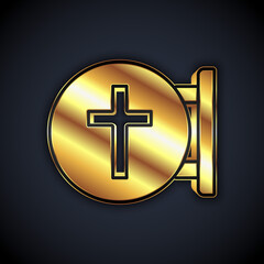 Gold Christian cross icon isolated on black background. Church cross. Vector.