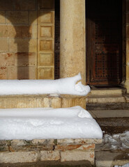 Renaissance arcade of the church of Azuqueca de Henares during winter time. Spain. 