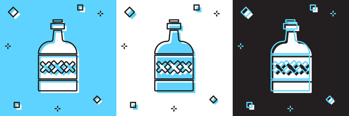 Set Tequila bottle icon isolated on blue and white, black background. Mexican alcohol drink. Vector.