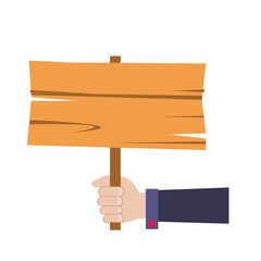 Wooden board sign on hand isolate on white