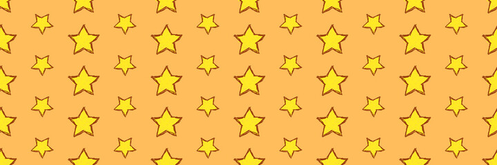 Star background long banner, Hand drawn doodle style yellow stars with outline repetitive pattern