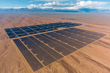 Aerial photo of solar photovoltaic in large desert in Xinjiang, Asia