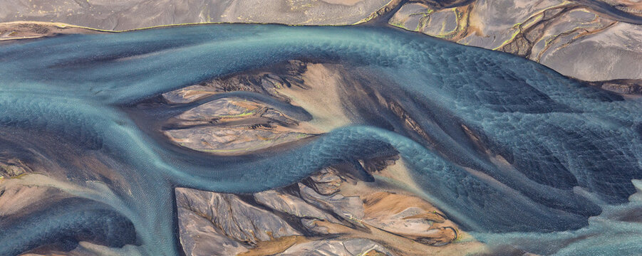 Aerial view of river coloured by glacial melt