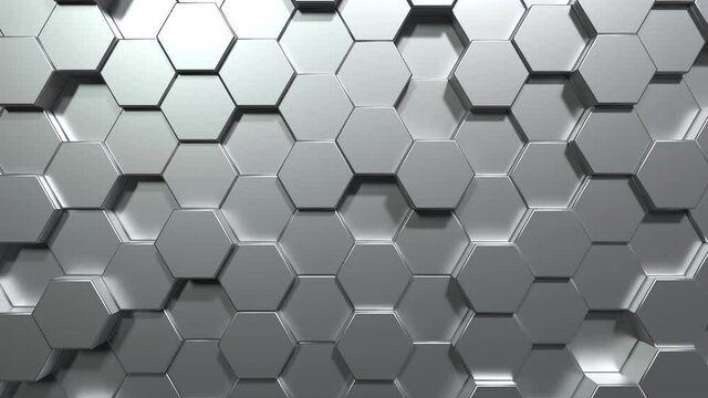 Silver hexagon honeycomb moving up and down randomly background. Grey abstract art and geometric concept. 4K footage motion graphic design video illustration rendering. Seamless looping