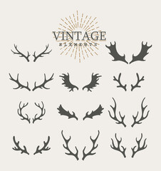 Antlers. Design elements of deer. Set of hand drawn deer horns on the white background. Vintage isolated icons