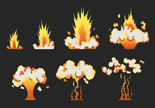 Animation for game of the explosion effect in separate frames. Cartoon animation for game. Exploding effect frames. Hand drawn vector illustration