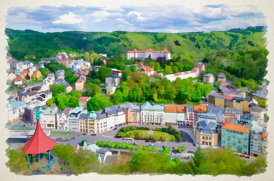 Watercolor drawing of Karlovy Vary Karlsbad historical city centre top aerial view, colorful beautiful buildings, Slavkov Forest hills
