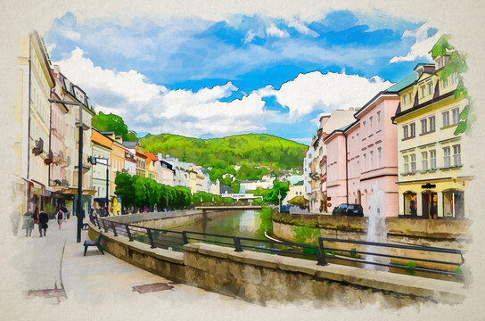 Watercolor drawing of Karlovy Vary: people are walking down street and Tepla river embankment in Karlsbad historical city centre