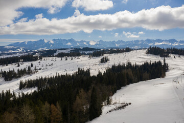 Polish mountains Tatry in Zakopane. Zakopane city in winter time in Poland. Tatry mountains aerial drone view