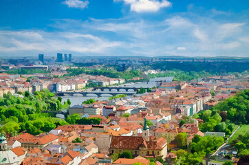 Obraz premium Watercolor drawing of Top aerial panoramic view of Prague historical city centre with red tiled roof buildings in Mala Strana