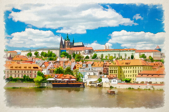 Watercolor drawing of View of Prague old town, historical center with Prague Castle, St. Vitus Cathedral in Hradcany district, Vltava river