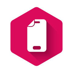 White Glass screen protector for smartphone icon isolated with long shadow background. Protective film for glass. Transparent soft glass for mobile phone. Pink hexagon button. Vector.