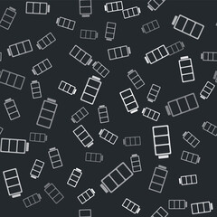 Grey Battery charge level indicator icon isolated seamless pattern on black background. Vector.