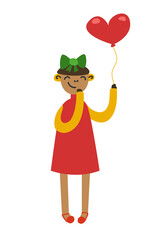 Cute cartoon girl monkey standing with balloon. Hand drawn vector illustration. Character design. Greeting card. Happy Valentines day.