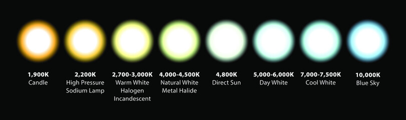 Kelvin colour temperatures of different light sources. Visualised as omnidirectional lights.