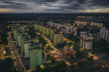 Obraz premium Dark sky, with black scary clouds above the city. Dabrowa gornicza, silesia, Poland, aerial drone view