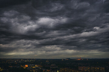 Dark sky, with black scary clouds above the city. Dabrowa gornicza, silesia, Poland, aerial drone view