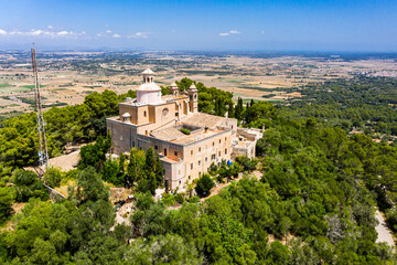 Aerial view, Santuari de Bonany monastery, near Petra,  Mallorca, Balearic Islands, Spain