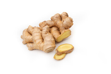 Pieces of ginger and lemon. Natural medicine, anti-influenza and antiviral ingredients on a white background.