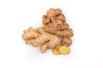 Pieces of ginger and lemon. Natural medicine, anti-influenza and antiviral ingredients on a white background.