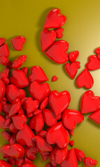  3d illustration of many red shiny hearts on yellow background.