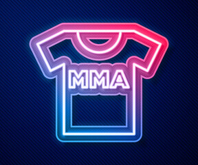 Glowing neon line T-shirt with fight club MMA icon isolated on blue background. Mixed martial arts. Vector.