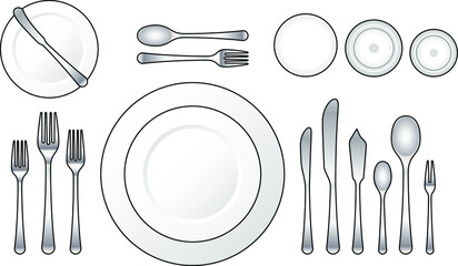 Diagram: Place setting for a formal dinner with oyster, soup, fish and salad courses.