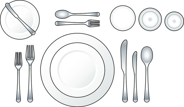Diagram: Place setting for a formal dinner with soup and salad courses.