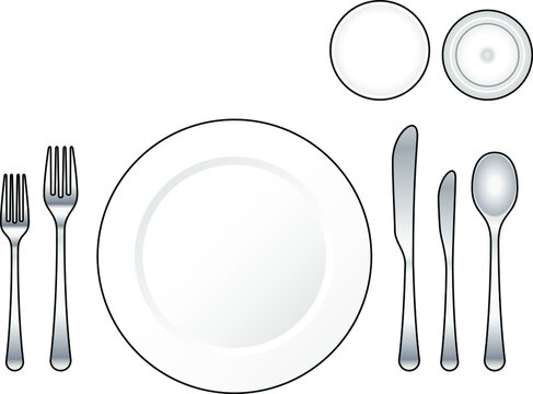 Diagram: Place setting for a formal dinner with soup and salad courses.