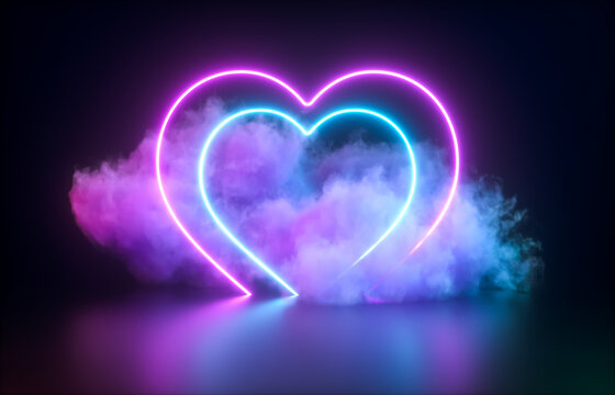 Futuristic Modern empty stage. Reflective dark room with glowing neon heart shape and cloud. 3d render.