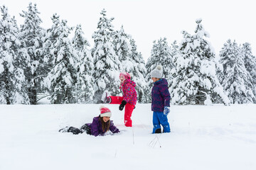 Happy laughing children in a beautiful snowy winter forest on Christmas day. 