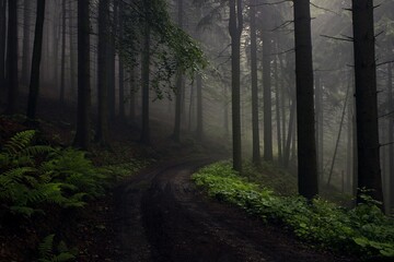 Fototapeta na wymiar Road through the forest with fog
