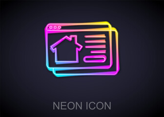 Glowing neon line Online real estate house in browser icon isolated on black background. Home loan concept, rent, buy, buying a property. Vector.