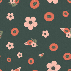 Vector retro vintage floral surface pattern design on dark muted green background