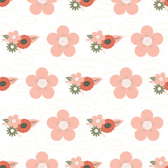 Vector retro vintage floral rows on white. Surface pattern design