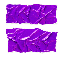 Torn and crumpled pieces of purple glossy magazine paper isolated on white background. Ripped and creased purple paper. Copy space for text.