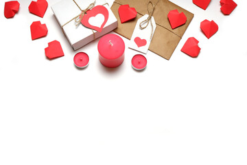 Love, Valentine's, women's day, relations, romantic template from white gift box and gift wrapped in craft paper, tied with twine with bows and labels with red hearts and candles on white background