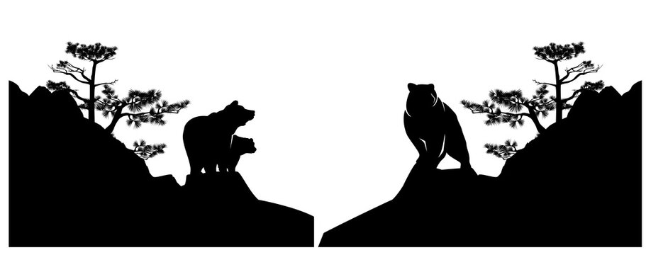 Wild Bear Family Standing On Pine Tree Covered Rock Cliff - Black And White Vector Wildlife Silhouette Scene