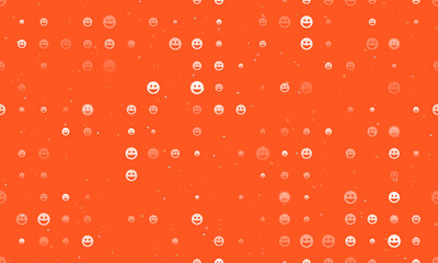 Seamless background pattern of evenly spaced white laughter Emoticons of different sizes and opacity. Vector illustration on deep orange background with stars